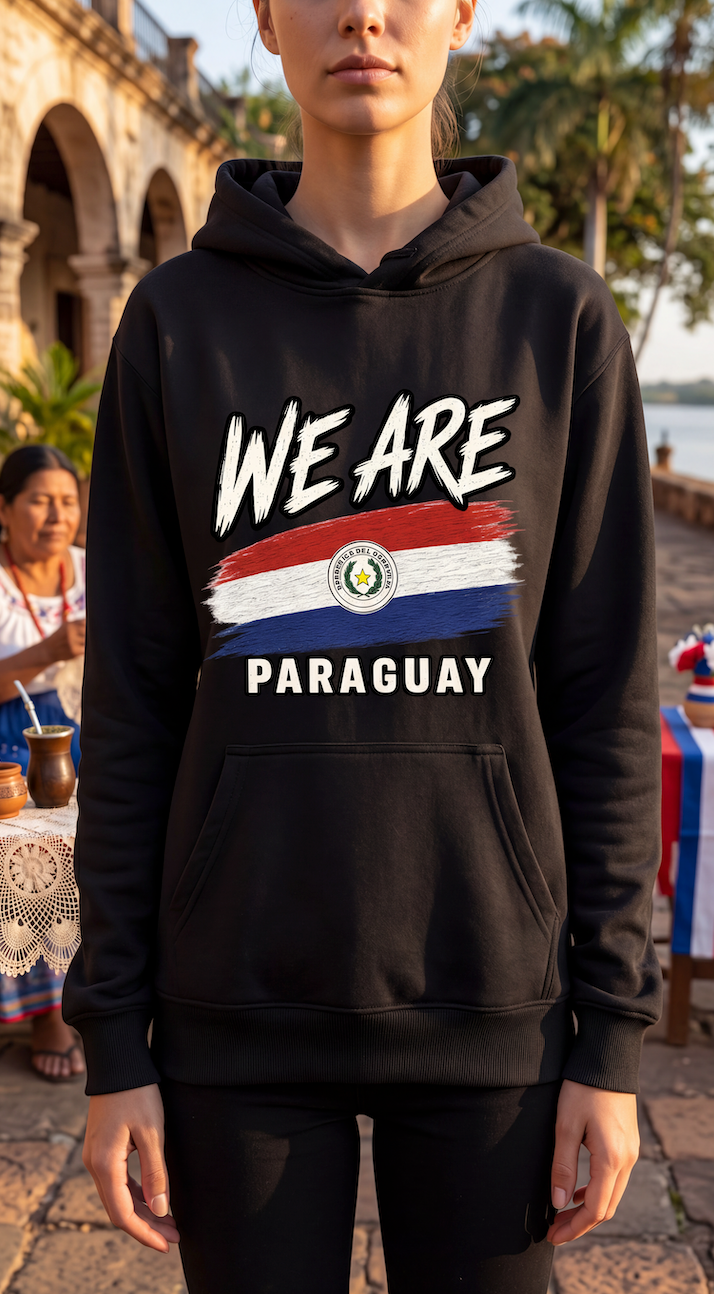 A woman wearing a black hoodie with a graphic print that reads 'WE ARE PARAGUAY' above and below a red, white, and blue flag design. The photo is taken outdoors in a scenic location with stone architecture and palm trees in the background.