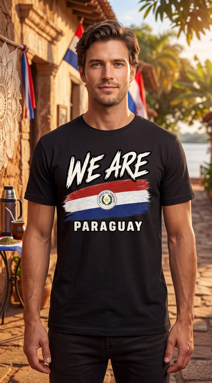 A man wearing a black graphic t-shirt with 'WE ARE PARAGUAY' and the Paraguay flag design, standing in an outdoor street setting with warm sunlight.