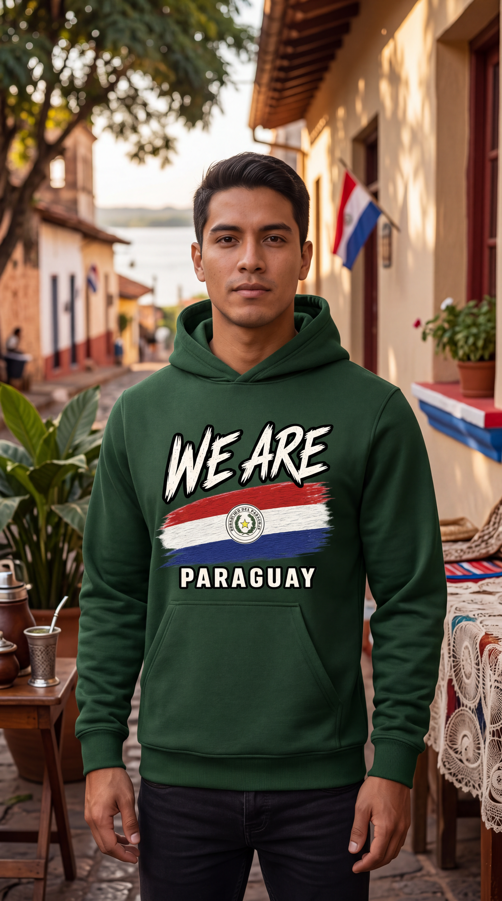A man wearing a dark green hoodie with a graphic that reads 'WE ARE PARAGUAY' and a stylized flag design, standing in a street setting with buildings and plants in the background.