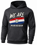 A dark charcoal gray hoodie featuring a distressed graphic print of the text 'WE ARE' above a red, white, and blue flag design with the Paraguay emblem, and 'PARAGUAY' printed below.