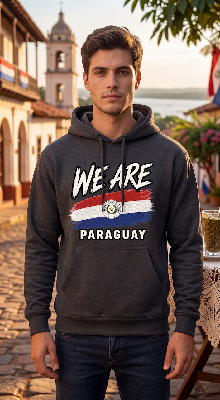 A man wearing a dark gray hoodie with a graphic print that reads 'WE ARE PARAGUAY' and features the Paraguay flag, standing on a cobblestone street in a scenic town setting.