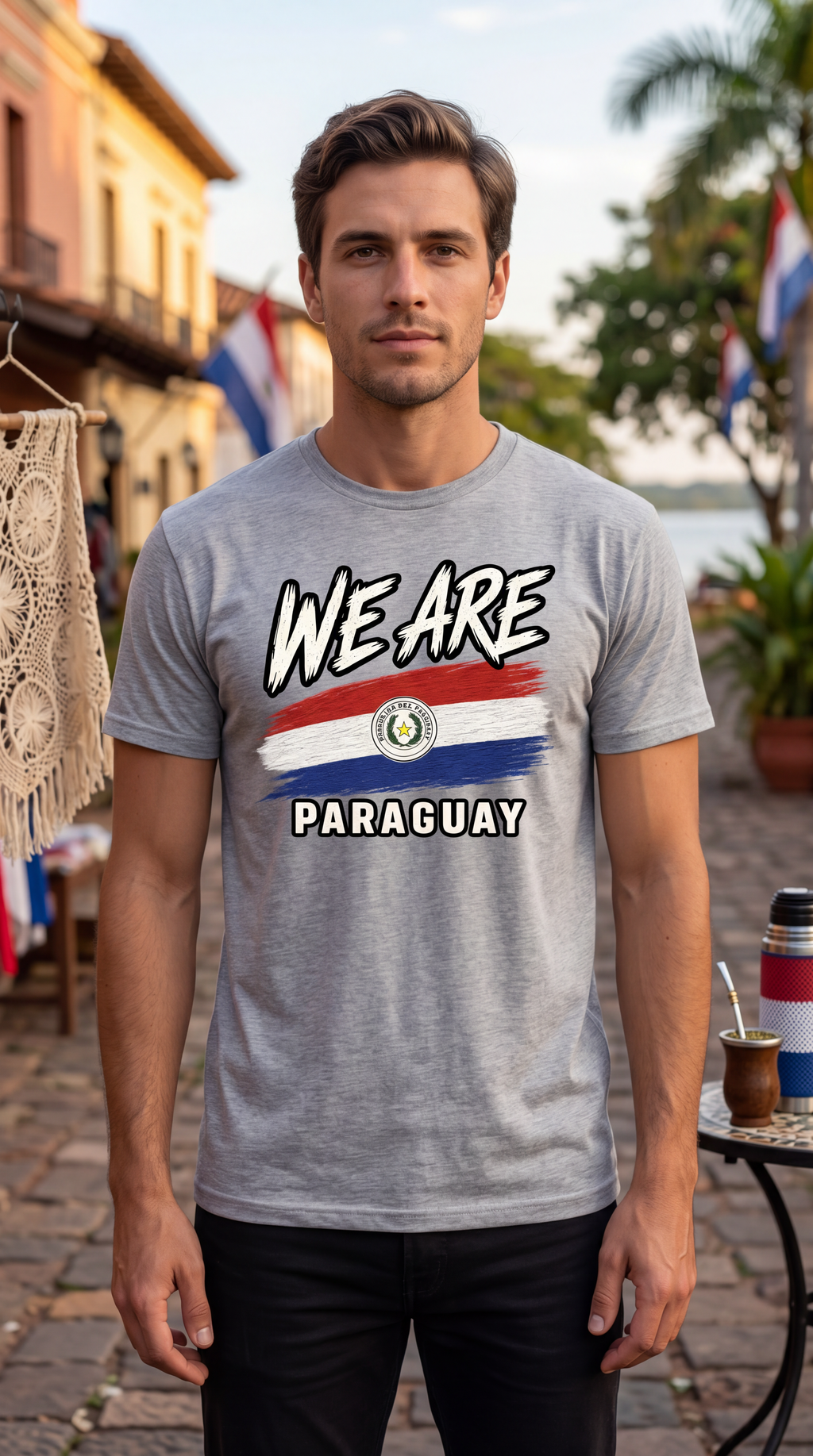 A man wearing a heather gray t-shirt with a graphic that reads 'WE ARE PARAGUAY' above and below the Paraguayan flag, standing outdoors on a cobblestone street.