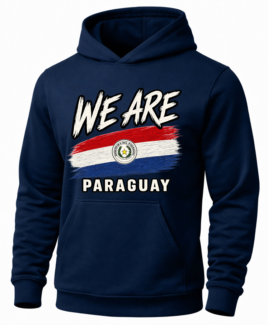 A navy blue pullover hoodie featuring a distressed graphic on the chest with the text 'WE ARE' above a stylized flag of Paraguay and the word 'PARAGUAY' below.