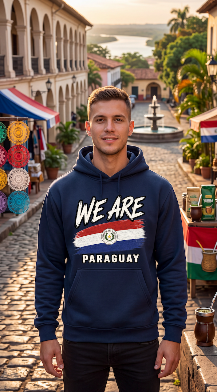 A man standing on a cobblestone street wearing a navy blue hoodie with 'WE ARE PARAGUAY' and a flag graphic on the front.