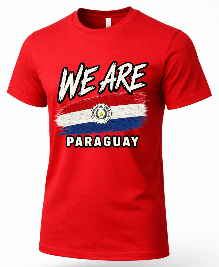 A red short-sleeve crewneck t-shirt featuring a graphic print of the Paraguayan flag with the text 'WE ARE' above and 'PARAGUAY' below, displayed on a clean white background.
