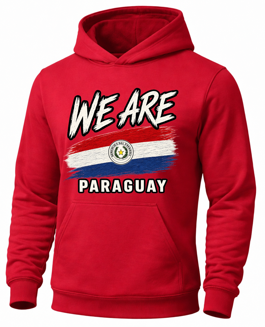 A red pullover hoodie featuring a graphic print of the word 'WE ARE' above a Paraguayan flag and the word 'PARAGUAY' below, shown on a plain white background.