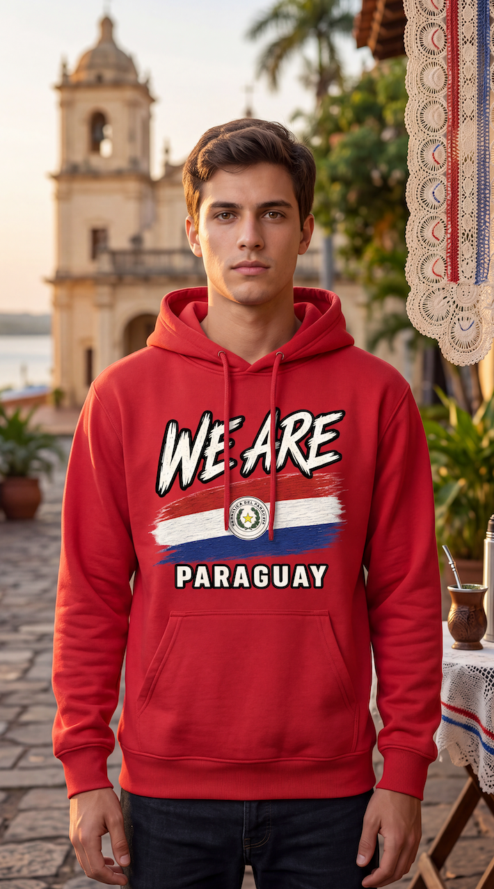 A man wearing a red hoodie with a graphic that reads 'WE ARE PARAGUAY' and a stylized flag design, standing outdoors in front of a historic stone building.