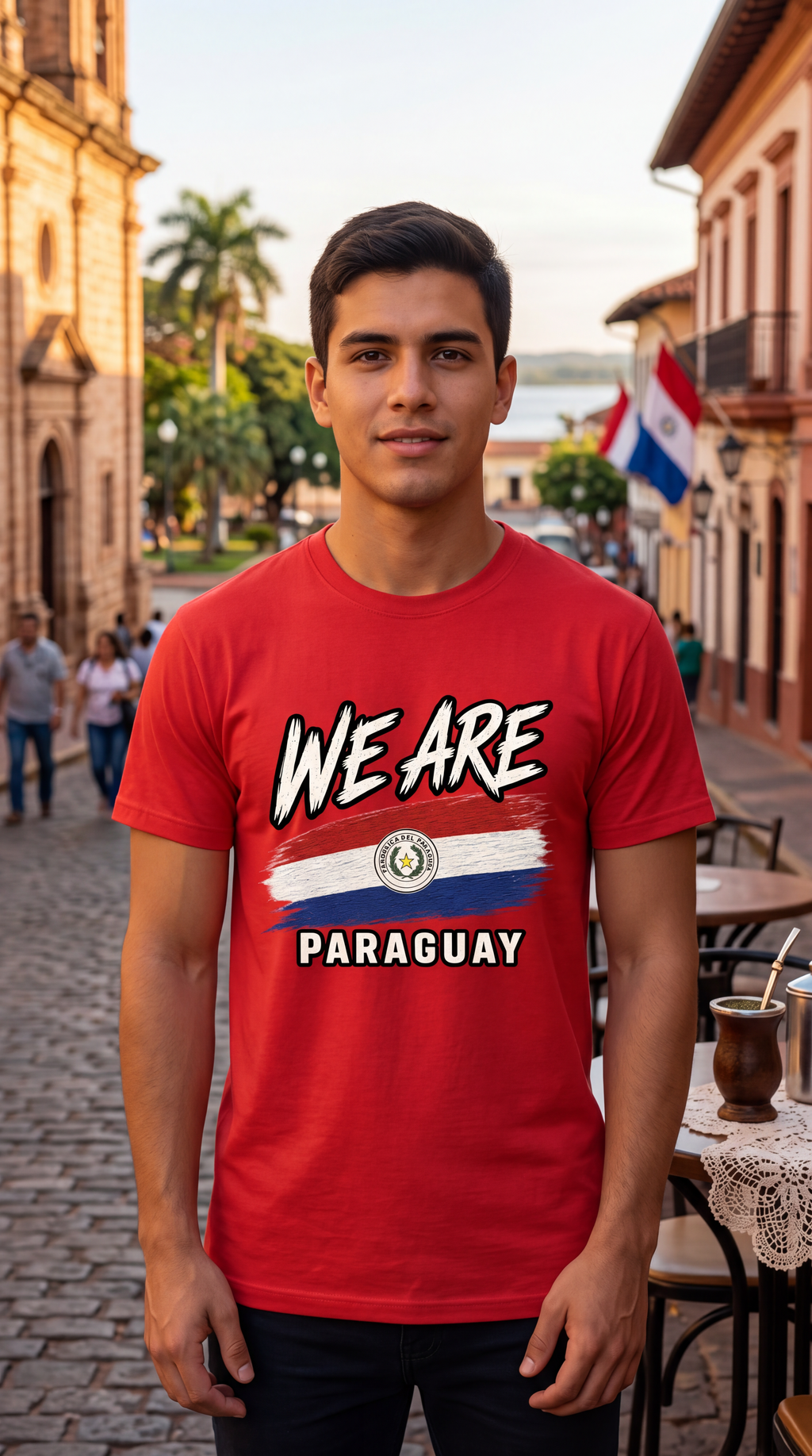 A young man wearing a red graphic t-shirt with 'WE ARE PARAGUAY' and the Paraguayan flag design, standing in a cobblestone street with colonial buildings in the background.