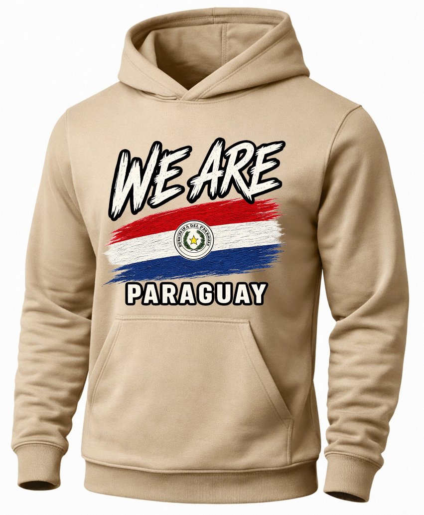 A beige pullover hoodie with a graphic on the chest featuring the text 'WE ARE' above a red, white, and blue flag design with the Paraguay emblem, and 'PARAGUAY' below.