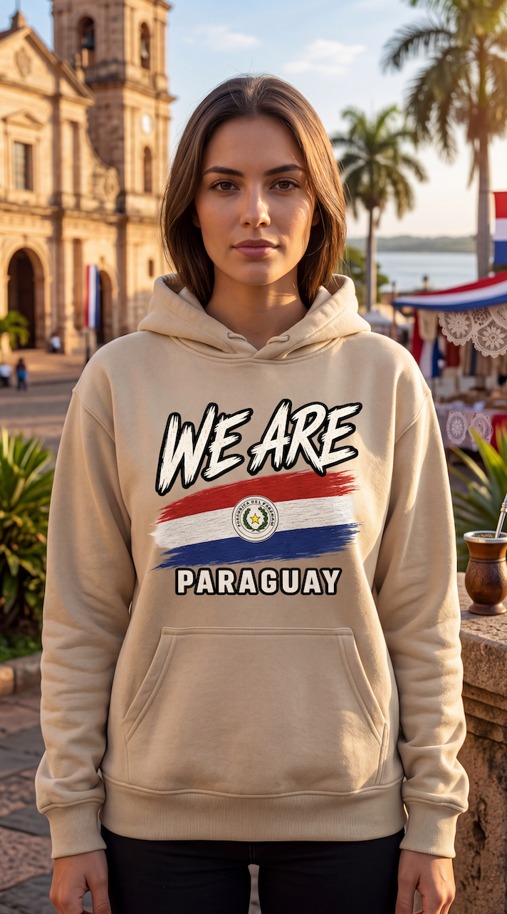 A woman wearing a beige hoodie with a graphic that reads 'WE ARE' above a red, white, and blue striped design and 'PARAGUAY' below, standing outdoors in front of a historic building and palm trees.