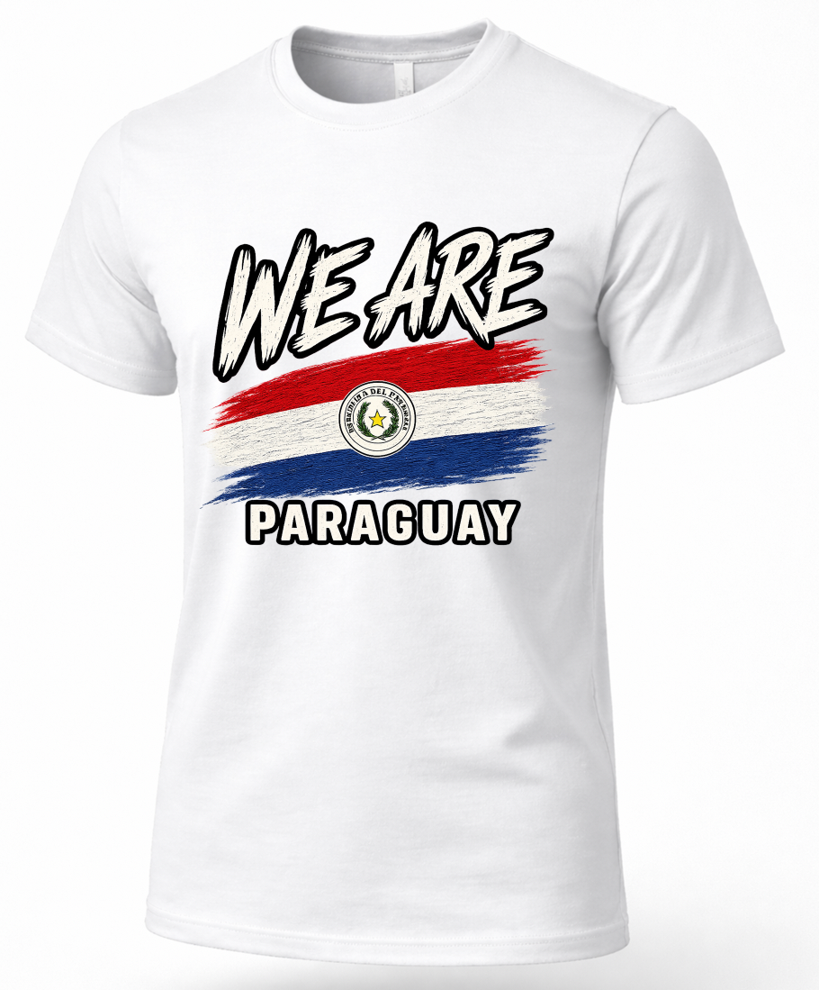 A white short-sleeve crewneck t-shirt featuring a graphic print of the text 'WE ARE' and 'PARAGUAY' with a stylized red, white, and blue flag design and the Paraguayan coat of arms.