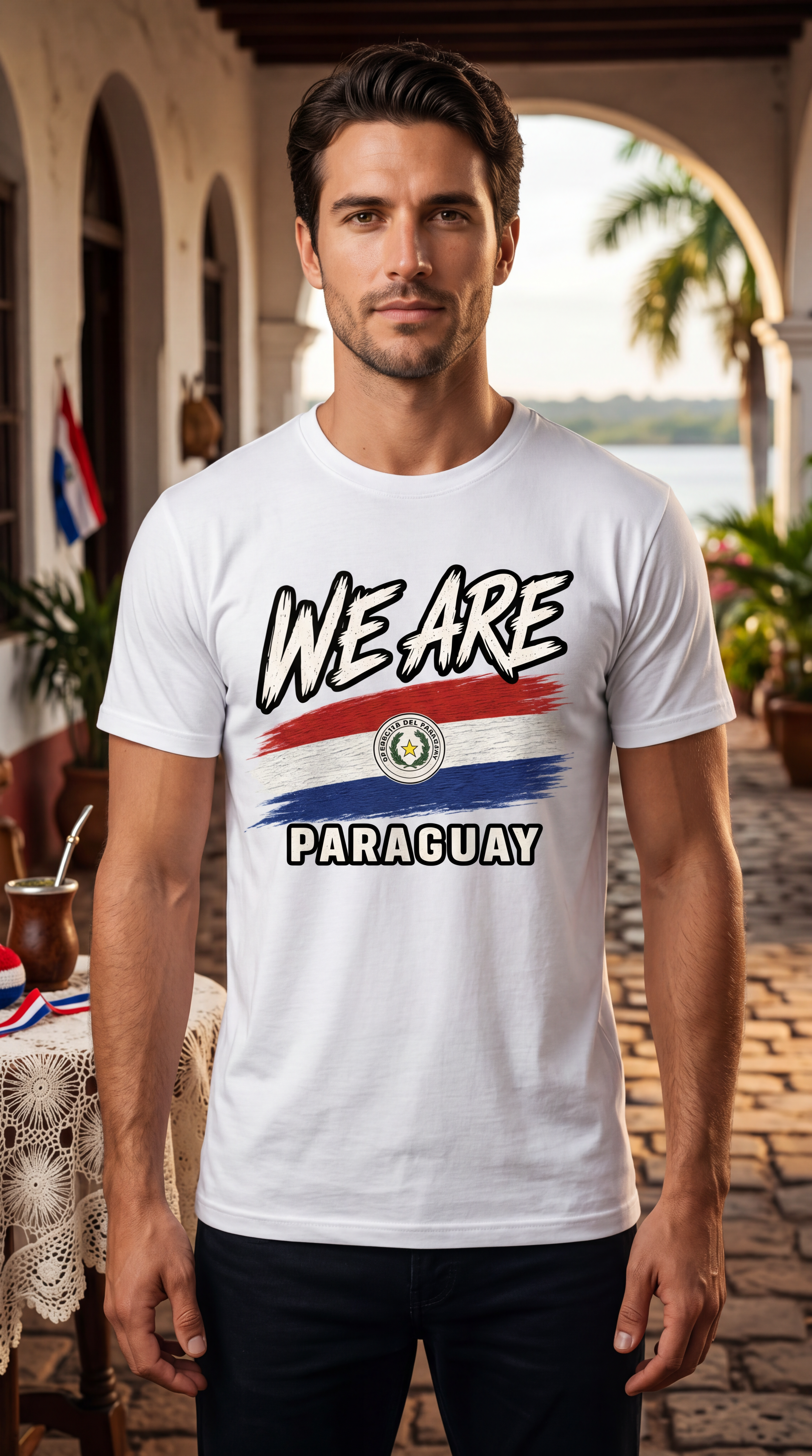 A man wearing a white graphic t-shirt with 'WE ARE PARAGUAY' and the Paraguayan flag design, standing in an outdoor patio setting.