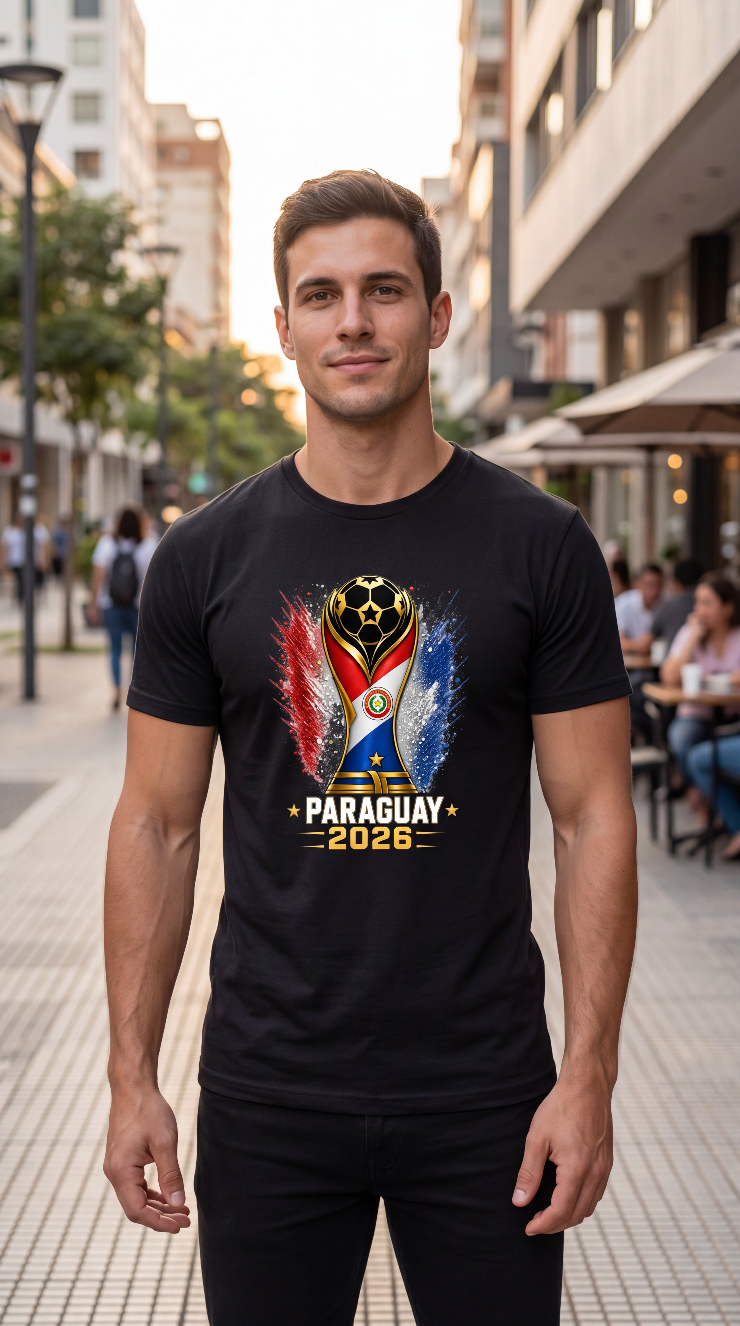 Man wearing a black t-shirt with Paraguay 2028 design on a city street.