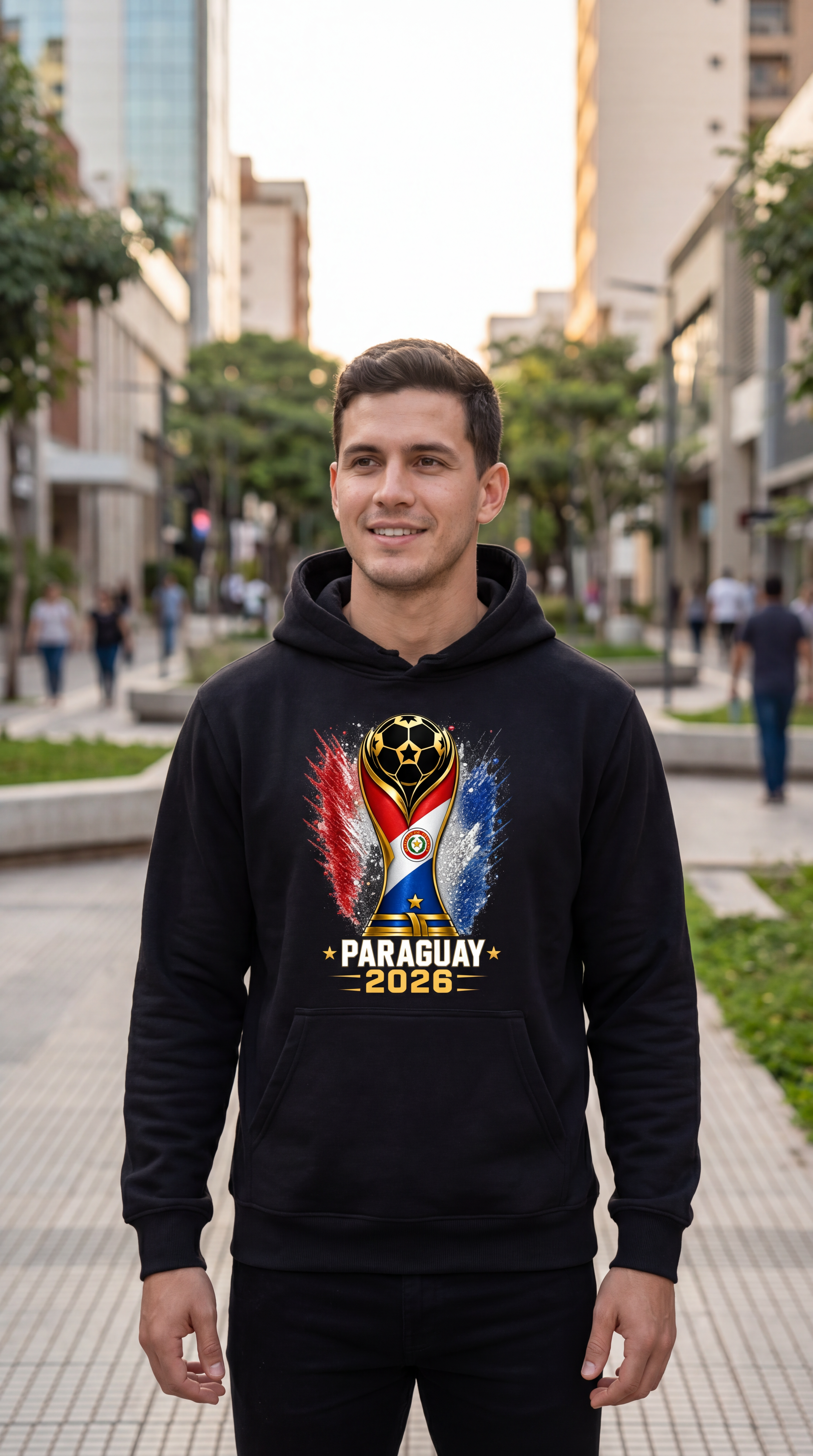 Man wearing a black hoodie with Paraguay 2025 design on a city street.