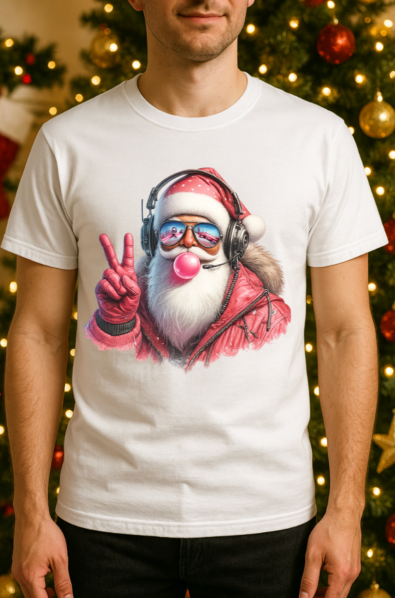 Man wearing a white Christmas t-shirt featuring a cool Santa graphic with headphones, sunglasses, and a peace sign, standing in front of a decorated Christmas tree with warm holiday lights