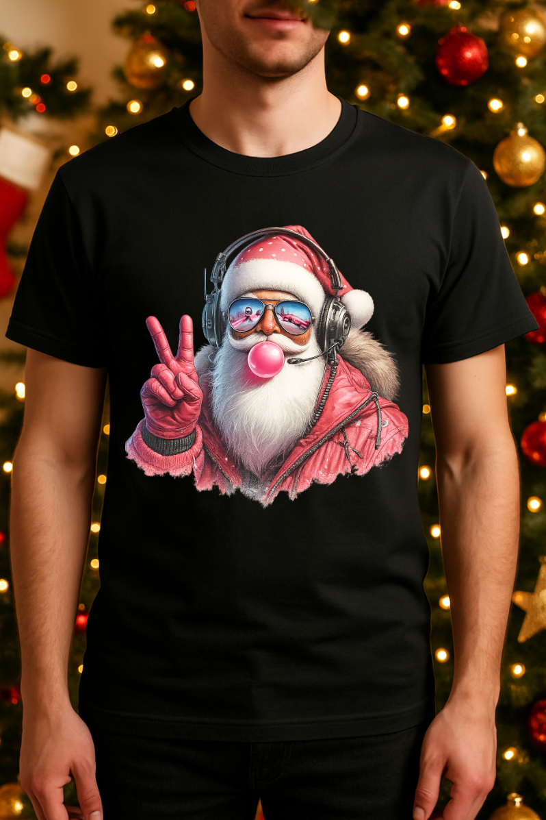 Man wearing a black Christmas t-shirt featuring a cool Santa graphic with headphones, sunglasses, and a peace sign, standing in front of a decorated Christmas tree with warm holiday lights.
