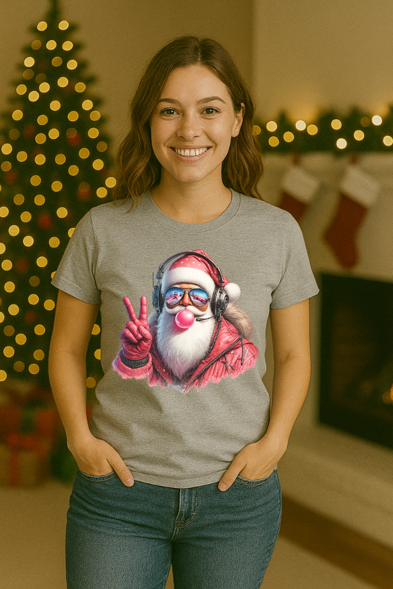 Woman wearing a grey Christmas t-shirt featuring a cool Santa graphic with headphones, sunglasses, and a peace sign, standing in front of holiday lights and Christmas decorations.