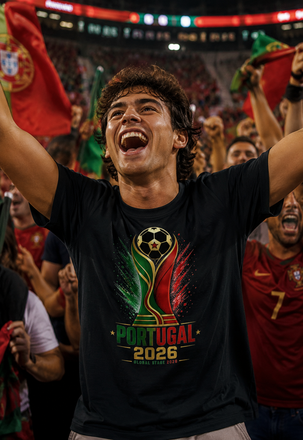 Portugal football fan celebrating in stadium while wearing black Portugal 2026 soccer graphic T-shirt