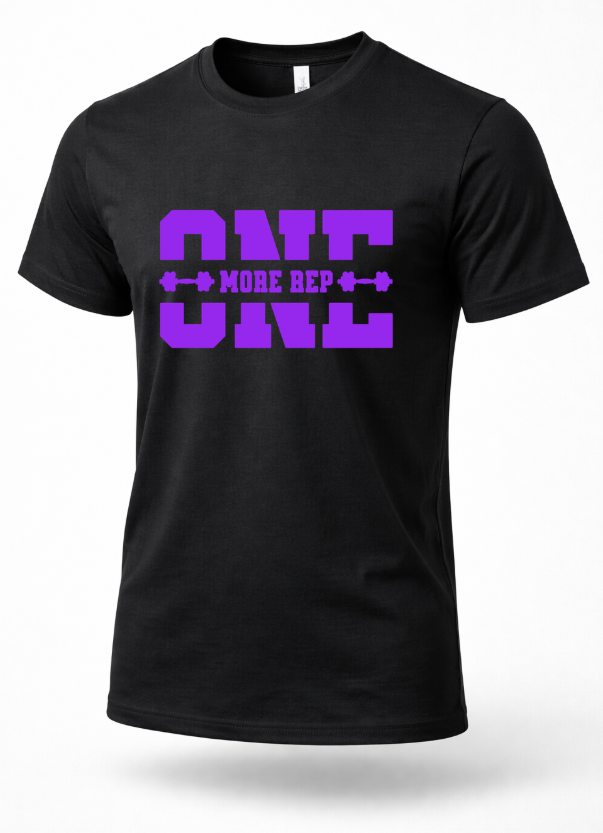 Black “One More Rep” gym t-shirt with purple print, motivational fitness and weightlifting shirt