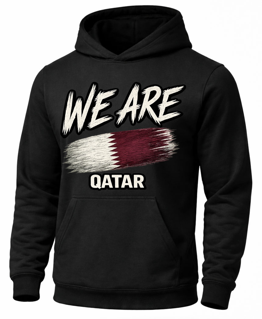 A black pullover hoodie featuring a distressed graphic print on the front. The design displays the text 'WE ARE' in a white brush-style font above a stylized, textured Qatar flag, with 'QATAR' printed in white below.