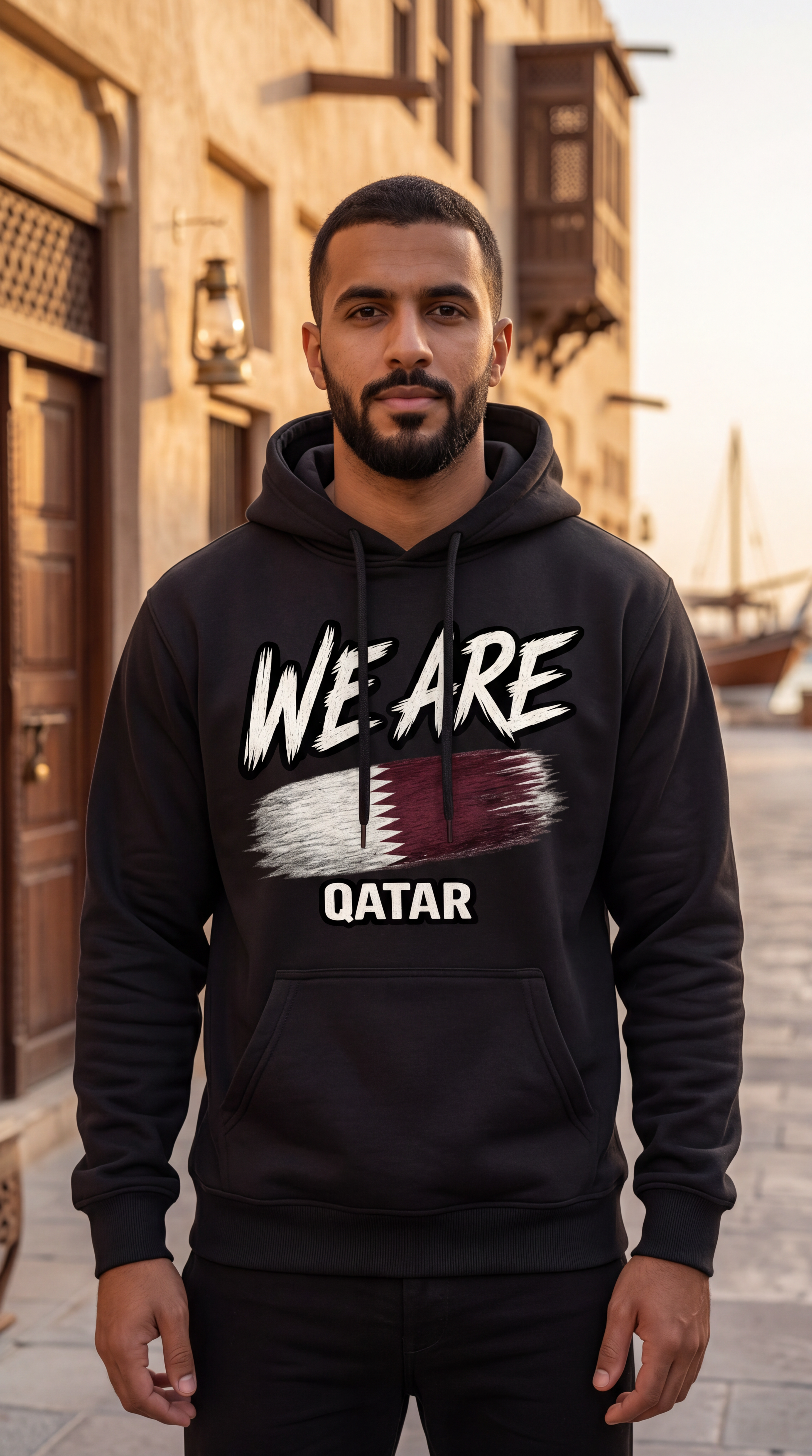 A man wearing a black pullover hoodie with a graphic print of the Qatar flag and the words 'WE ARE QATAR' on the front, standing in an outdoor street setting with traditional buildings.
