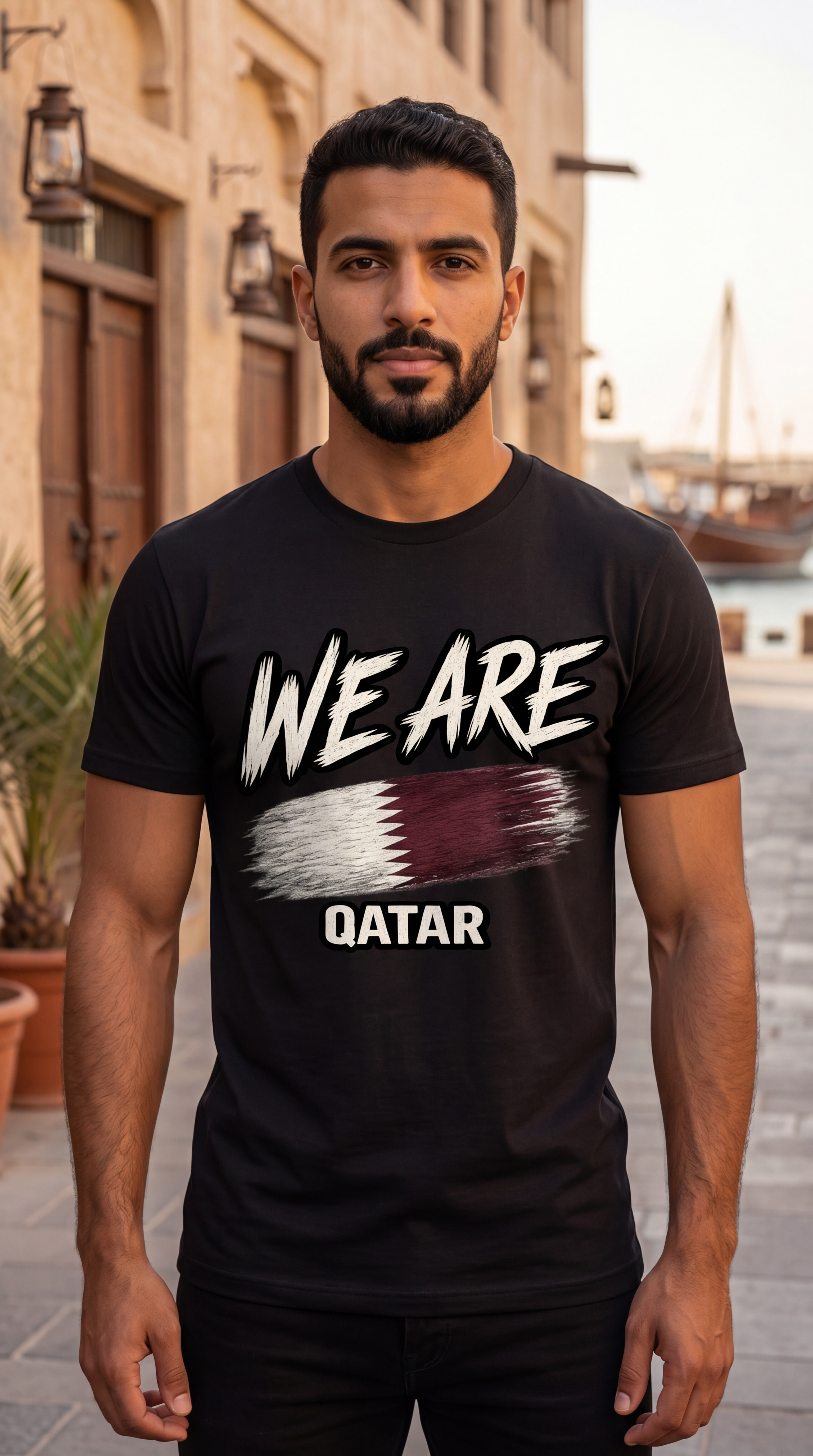 A man wearing a black t-shirt with a graphic print that reads 'WE ARE QATAR' and features a stylized Qatar flag, standing outdoors in front of a building.