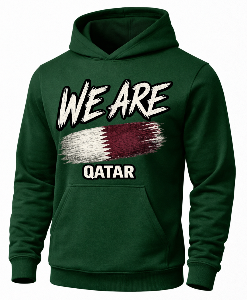 A dark green pullover hoodie with a front graphic that reads 'WE ARE QATAR' above and below a stylized Qatar flag design, shown on a plain white background.