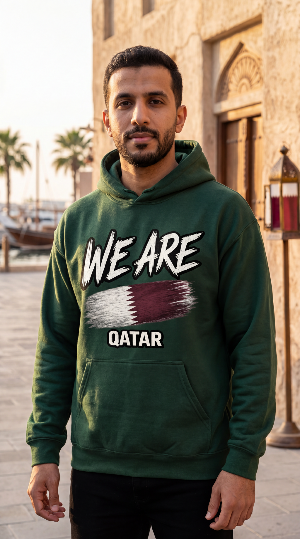 A man wearing a dark green hoodie with 'WE ARE QATAR' and a stylized Qatar flag graphic printed on the front, standing outdoors in front of a historic stone building.
