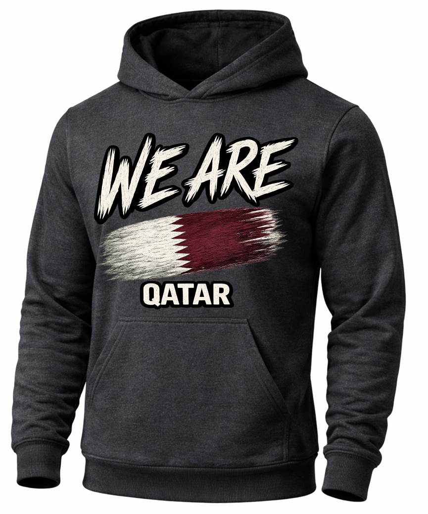 A dark gray heathered hoodie featuring a graphic print of the word 'WE ARE' in white brush-style lettering, a stylized Qatar flag in maroon and white, and the word 'QATAR' below in white.
