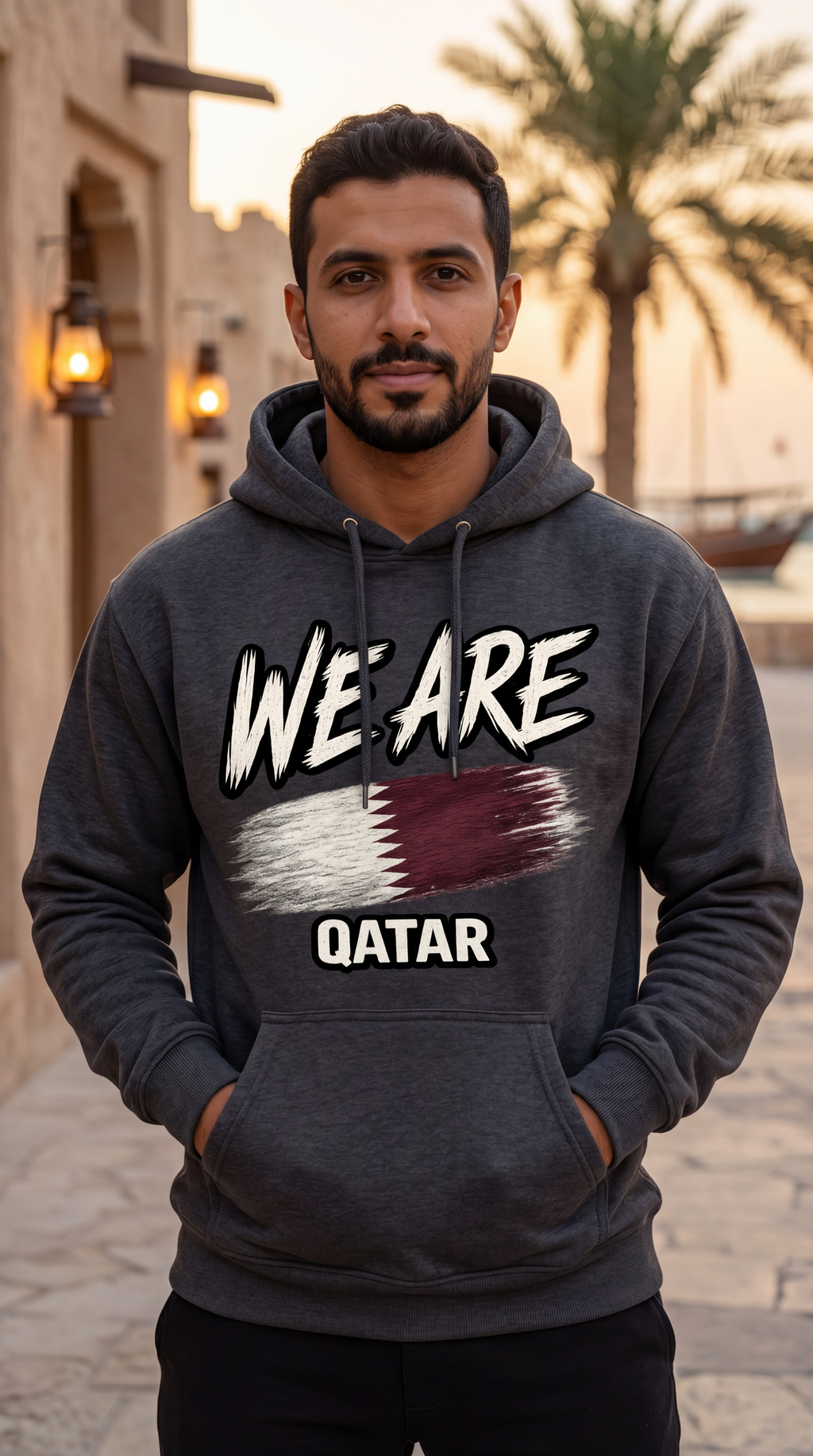 A man wearing a dark gray hoodie with a graphic print that reads 'WE ARE QATAR' and features a stylized Qatar flag, standing in an outdoor street setting with warm lighting.