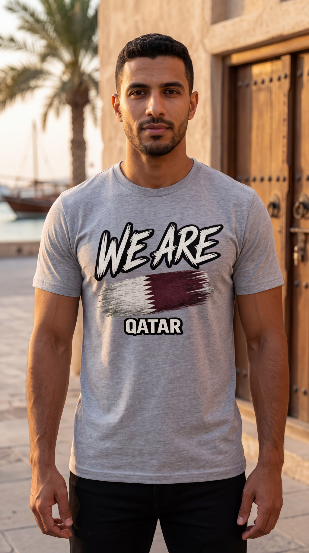 A man wearing a light gray heather t-shirt with a graphic that reads 'WE ARE QATAR' above a stylized Qatar flag, standing outdoors in front of a wooden door and palm tree.