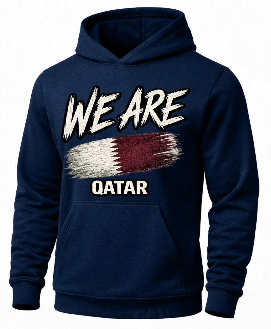 A navy blue pullover hoodie featuring a graphic print on the front with the text 'WE ARE QATAR' and a stylized Qatar flag in white and maroon, shown against a plain white background.