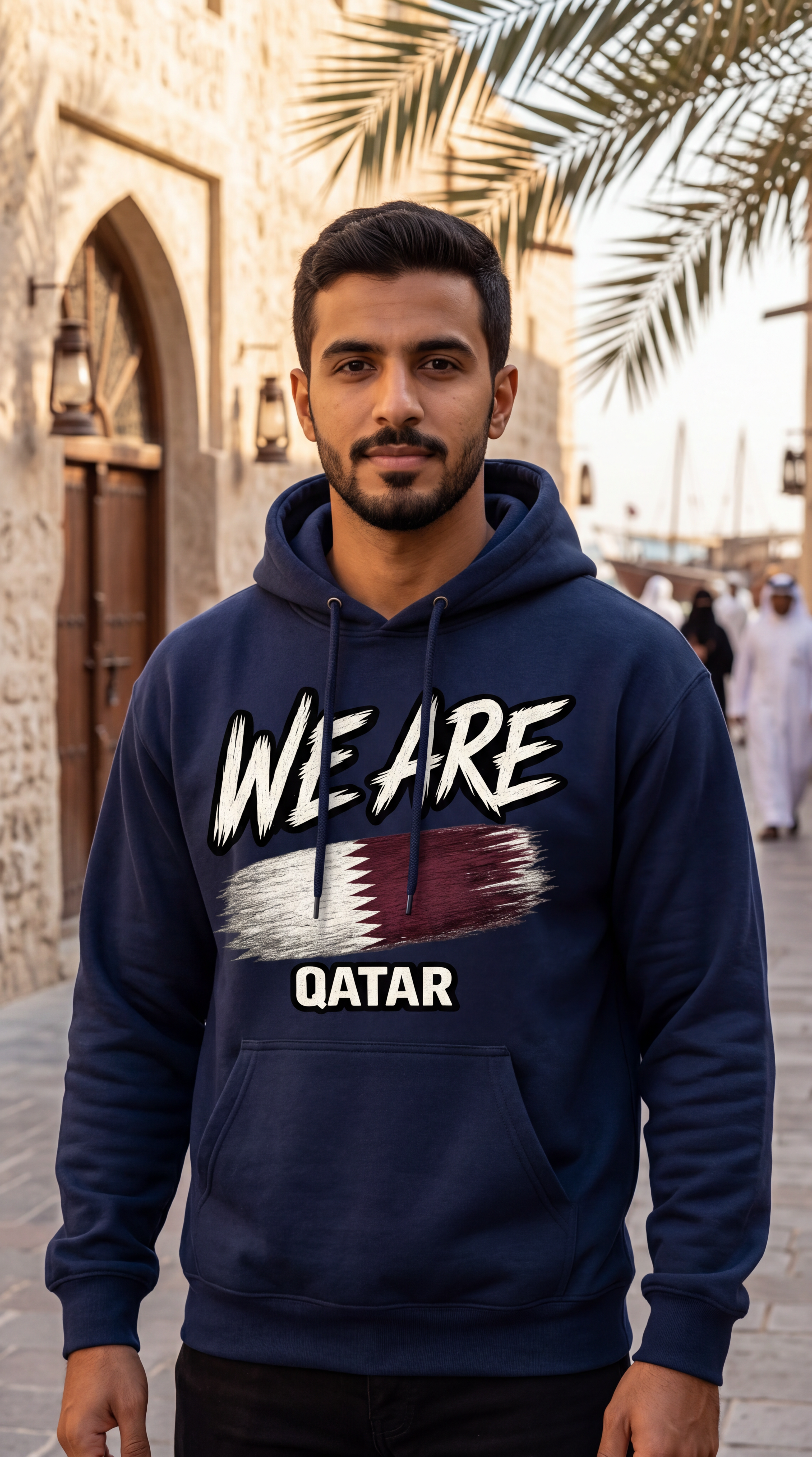 A man wearing a navy blue hoodie with 'WE ARE QATAR' and a Qatar flag graphic on the front, standing outdoors in front of a stone building with palm trees.