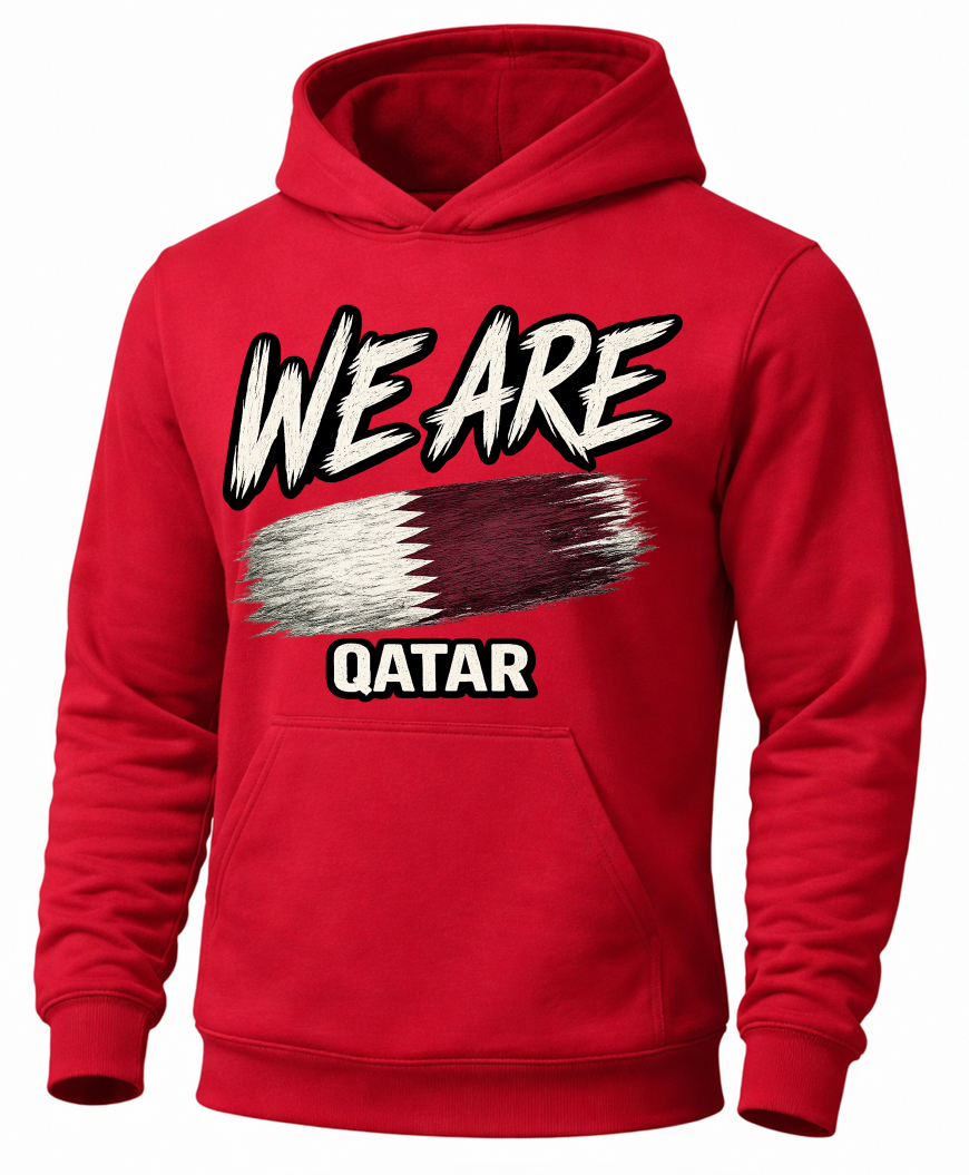 A red pullover hoodie featuring a graphic print of the Qatar flag with the text 'WE ARE' above and 'QATAR' below, shown on a plain white background.