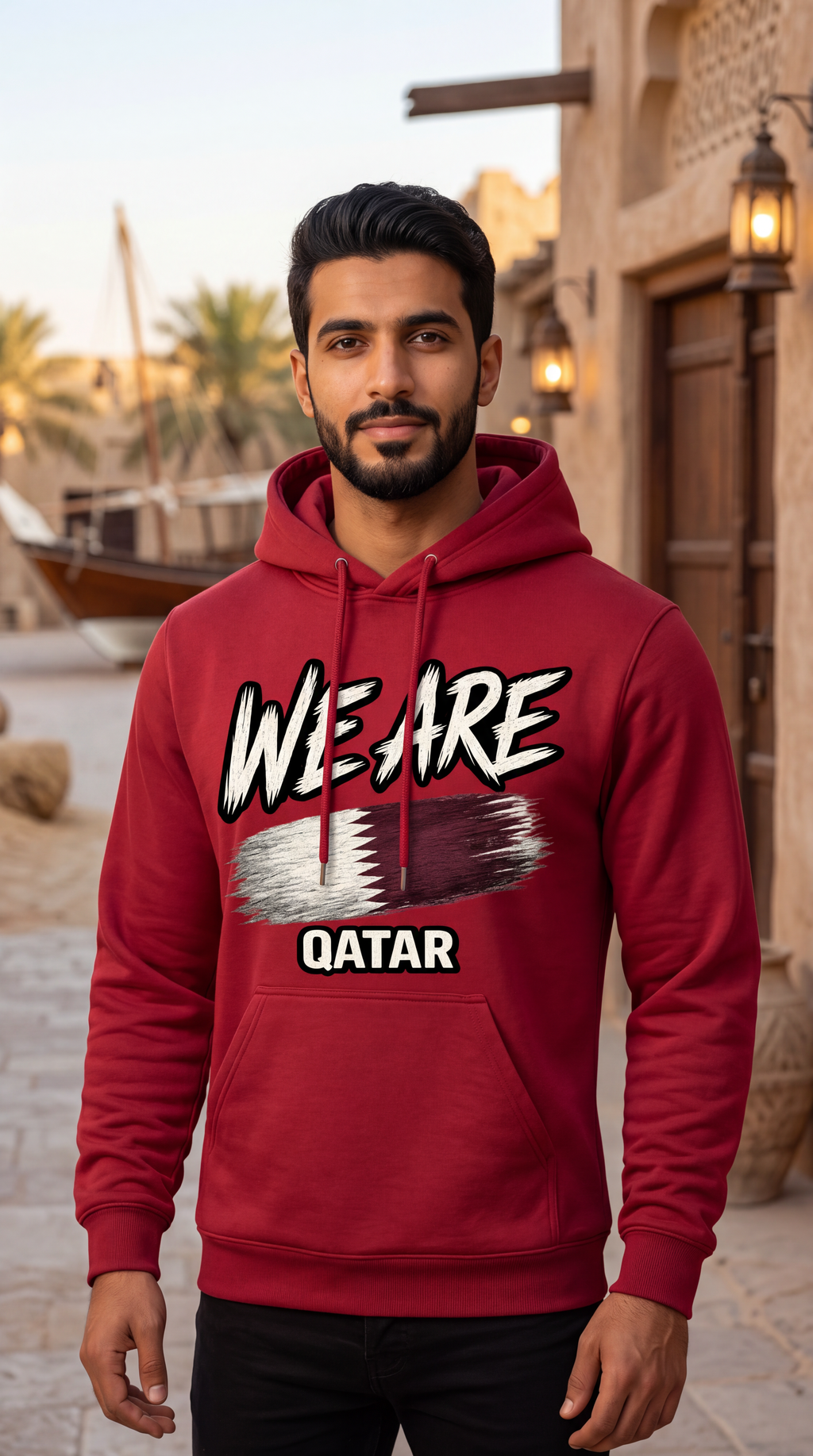 A man wearing a red hoodie with a graphic print that reads 'WE ARE QATAR' in white and black, set against a blurred background of a traditional Middle Eastern street.