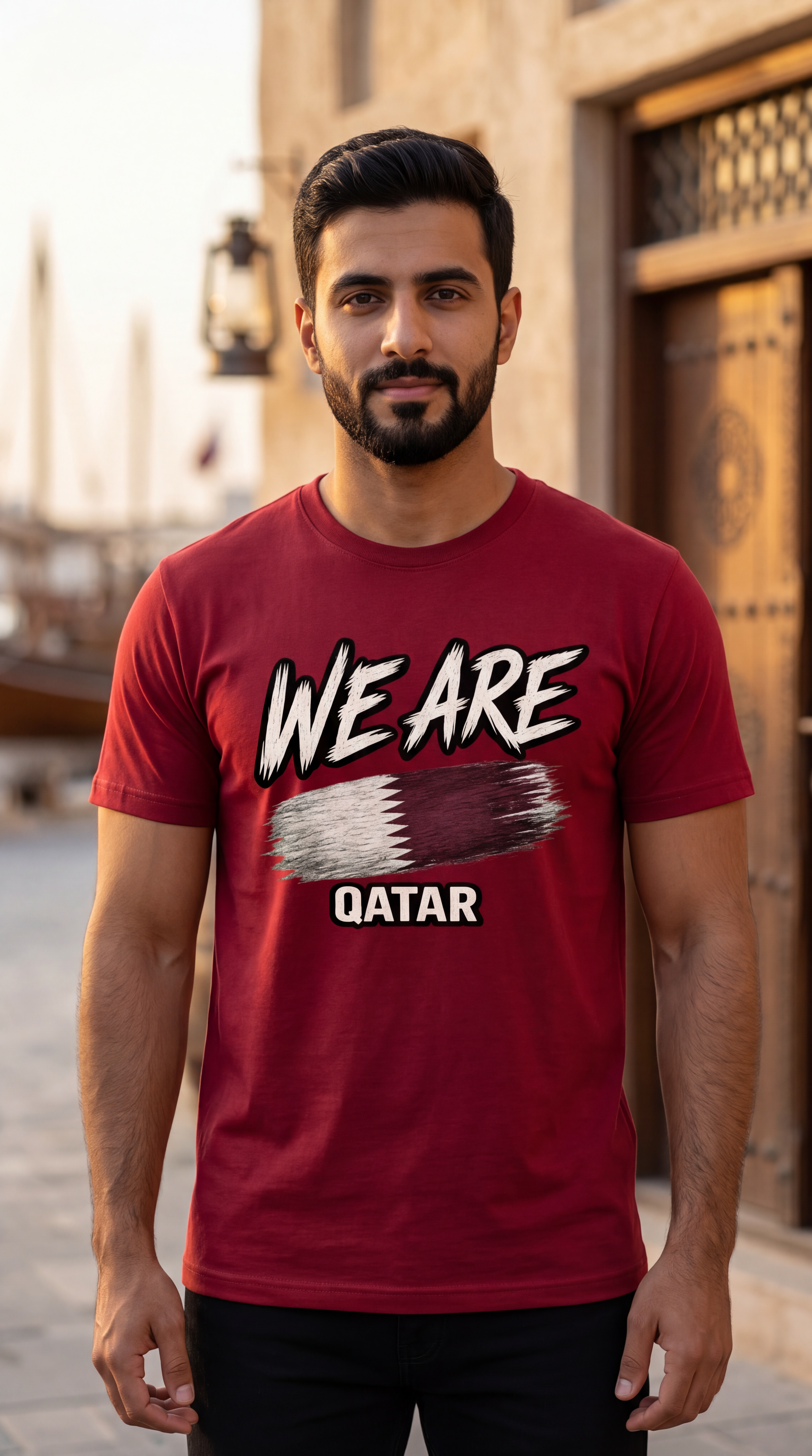 A man wearing a red graphic t-shirt with 'WE ARE QATAR' and a stylized Qatar flag design, standing in an outdoor street setting.