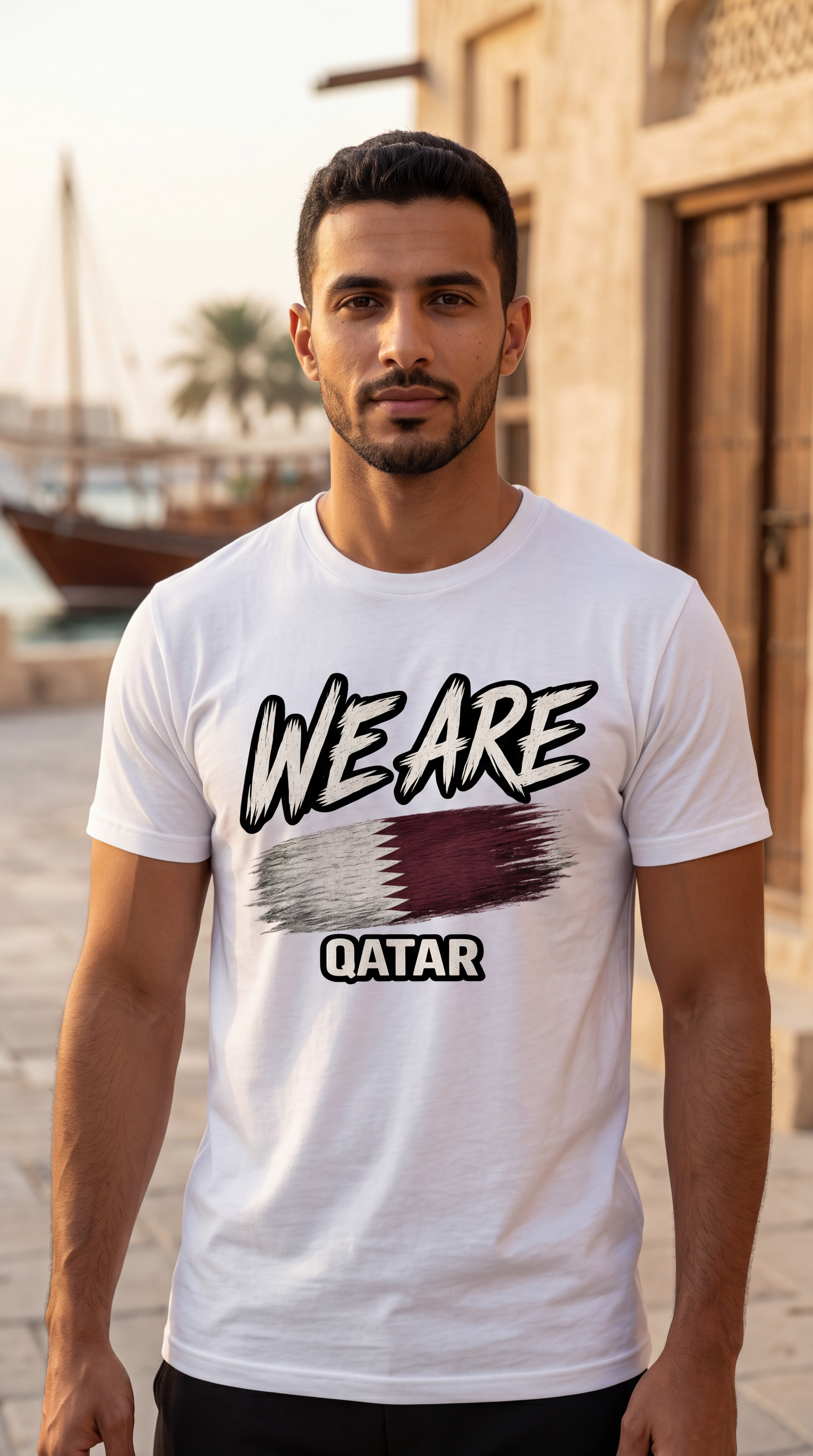 A man wearing a white graphic t-shirt with 'WE ARE QATAR' and a stylized Qatar flag design, set against a blurred background of a traditional Middle Eastern harbor.