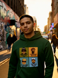 Man wearing green hoodie with retro hip hop cartoon graphic streetwear design in urban city