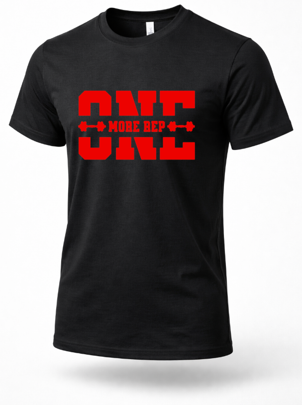 Black “One More Rep” gym t-shirt with red print, motivational fitness and weightlifting shirt