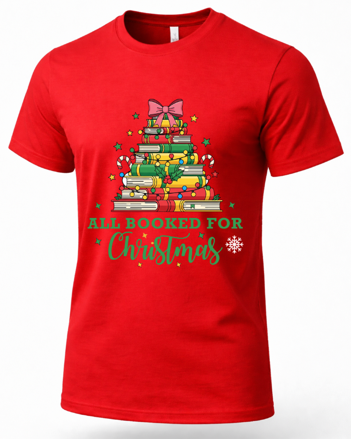 Red All Booked for Christmas graphic tee featuring a colorful stack of books shaped like a Christmas tree.