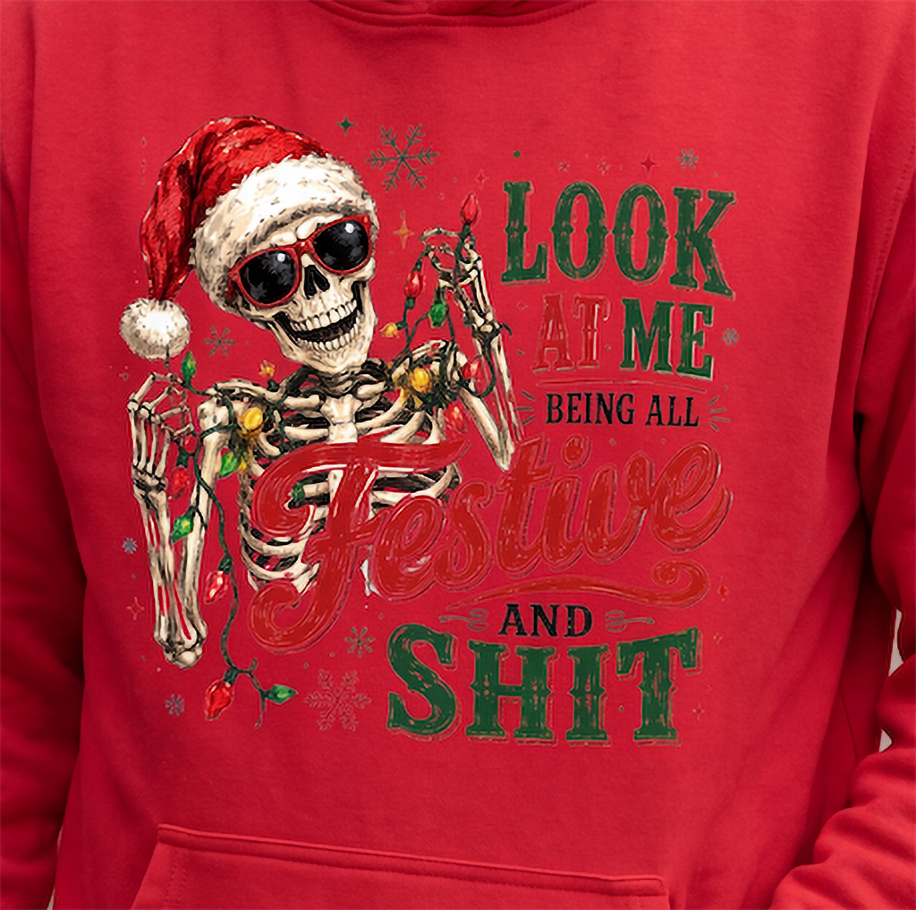 Close-up of red All Festive and Shit skeleton Christmas hoodie design