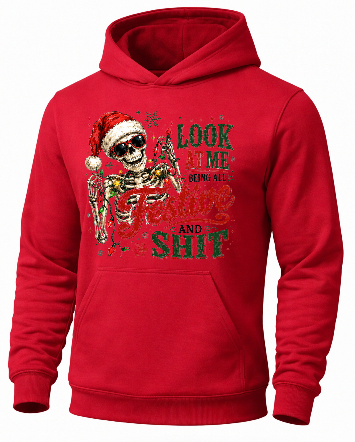 Red funny Christmas skeleton hoodie with Santa skull and holiday lights graphic