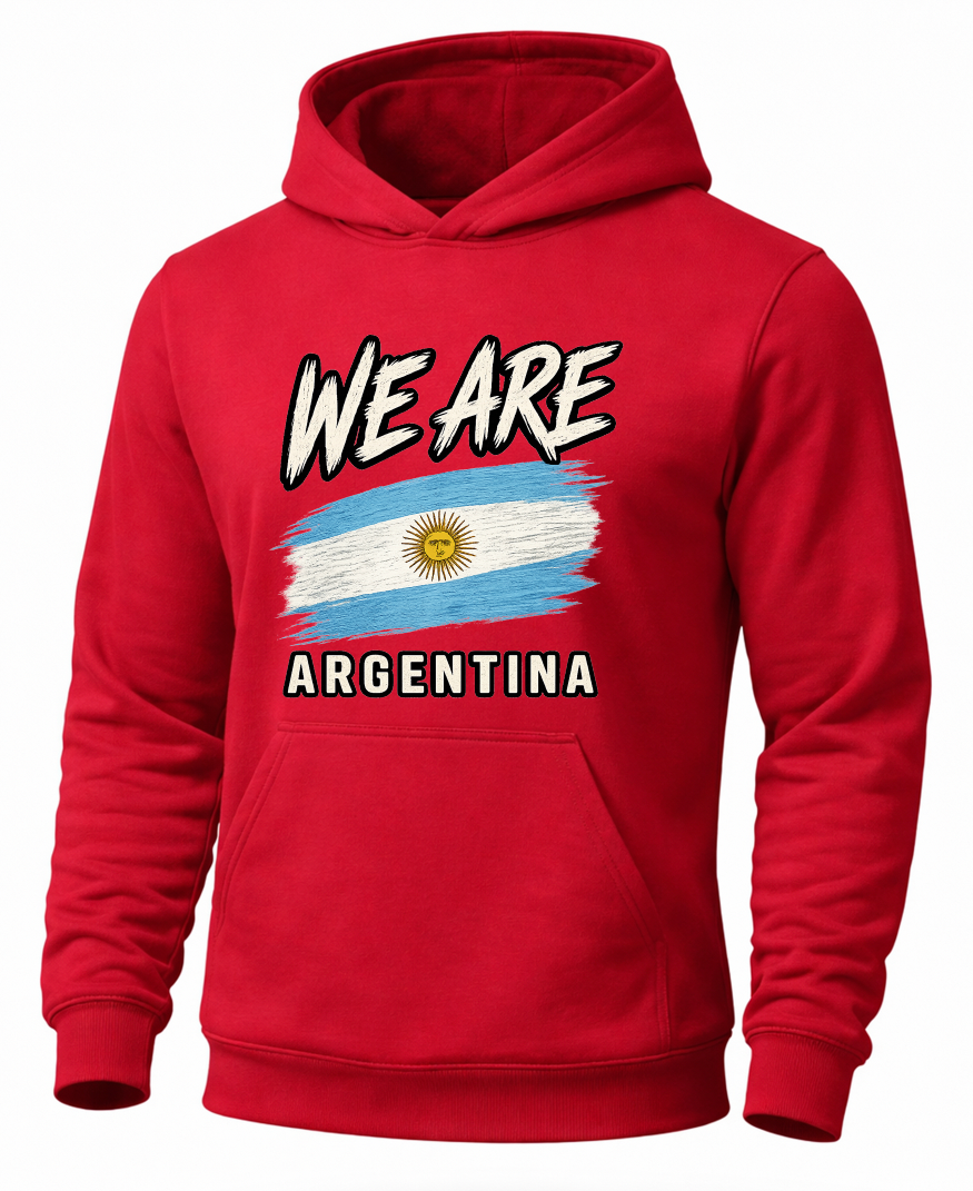 A red pullover hoodie featuring a graphic print of the Argentina flag with the text 'WE ARE' above and 'ARGENTINA' below, shown on a plain white background.