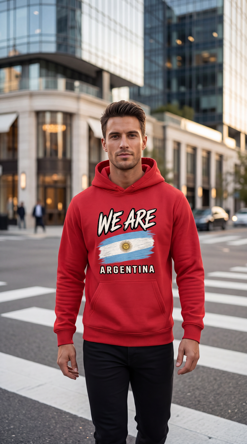 A man wearing a red hoodie with a graphic print that reads 'WE ARE ARGENTINA' and features the Argentina flag, standing on a city crosswalk with modern buildings in the background.