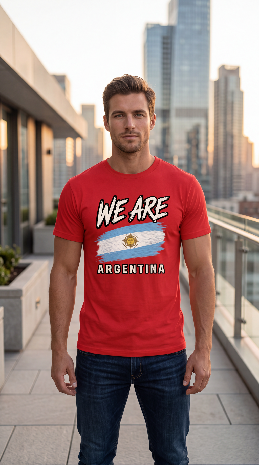 A man wearing a red graphic t-shirt with 'WE ARE ARGENTINA' and an Argentina flag design, standing on a modern balcony with a blurred city skyline in the background.