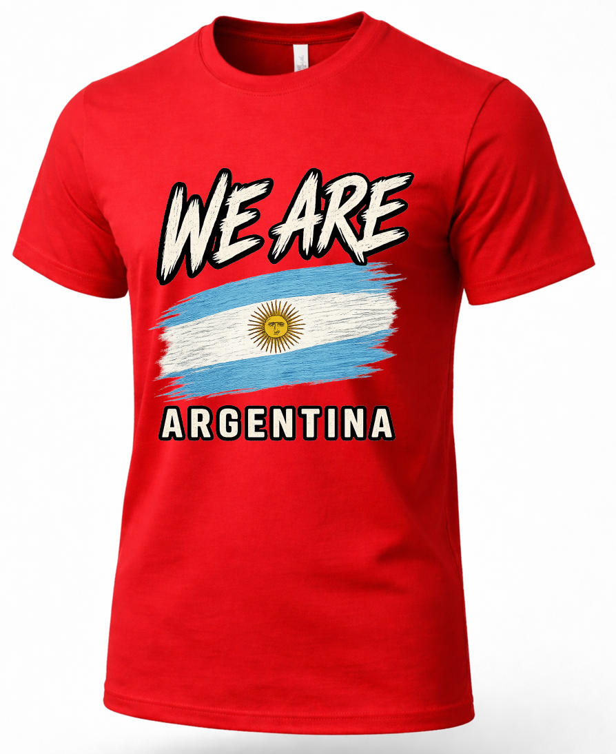 A red short-sleeve crewneck t-shirt featuring a graphic print of the text 'WE ARE ARGENTINA' surrounding a stylized, brush-stroke style Argentina flag on the chest.