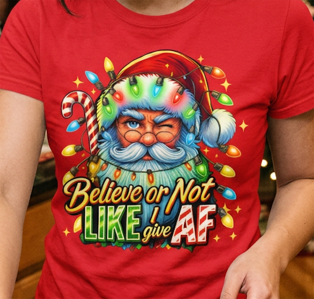 Red Close-Up: Close-up of the funny Santa Christmas design printed on red fabric with bright holiday lights and festive typography.