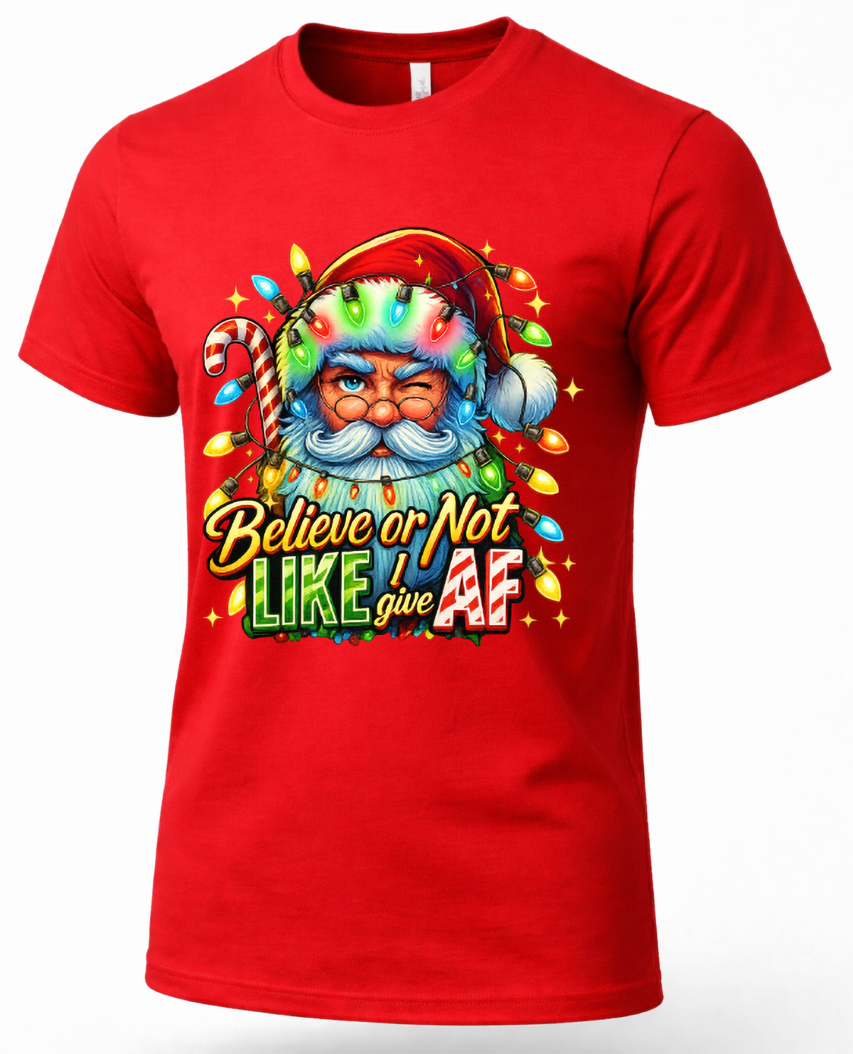 Red Mockup: Red unisex Christmas graphic tee featuring a winking Santa Claus, colorful holiday lights, and sarcastic Christmas lettering.