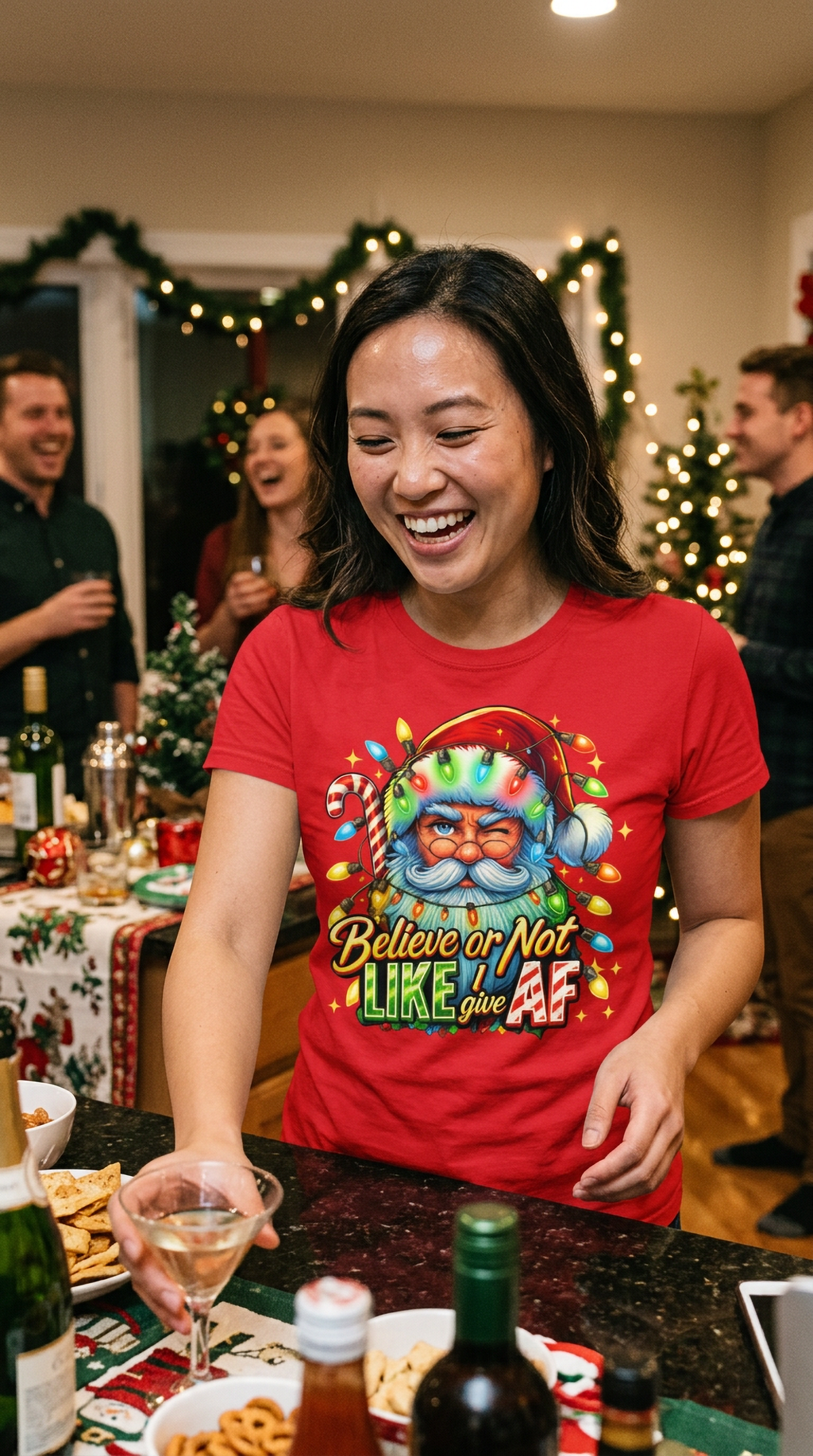 Lifestyle – Red: Woman wearing a red funny Santa Christmas graphic t-shirt while celebrating with friends at a holiday gathering.