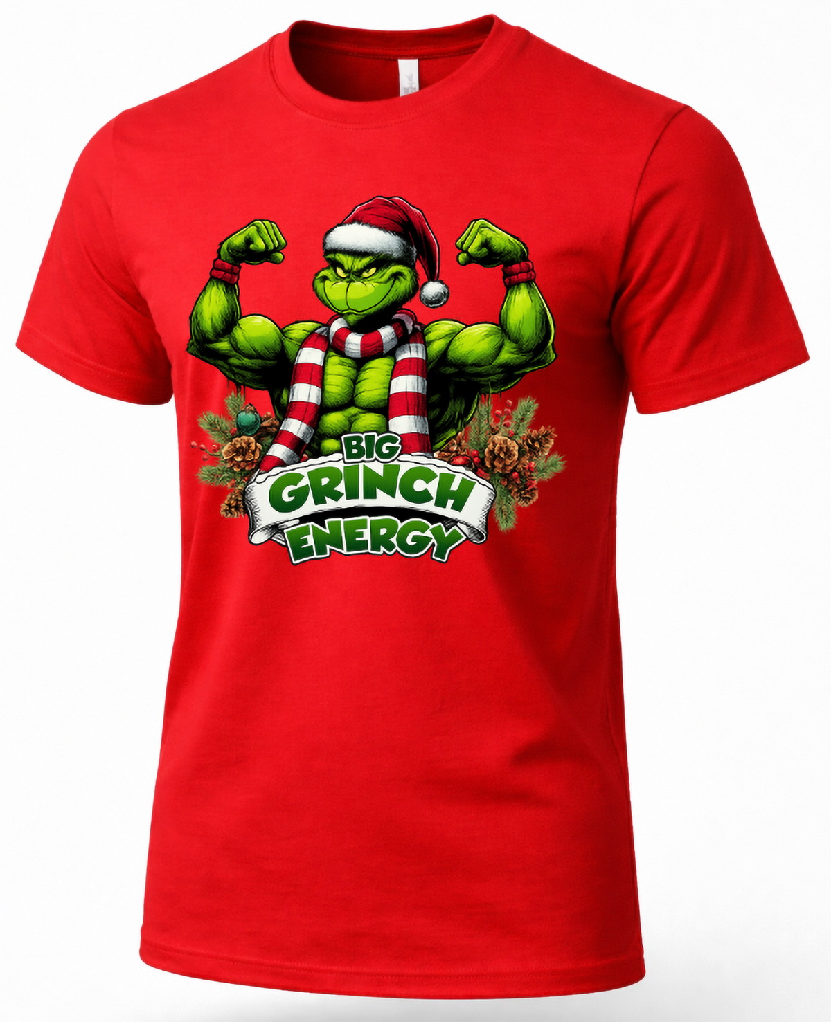 Red Big Grinch Energy Christmas graphic t-shirt featuring a muscular Grinch flexing in Santa hat and red striped holiday scarf.